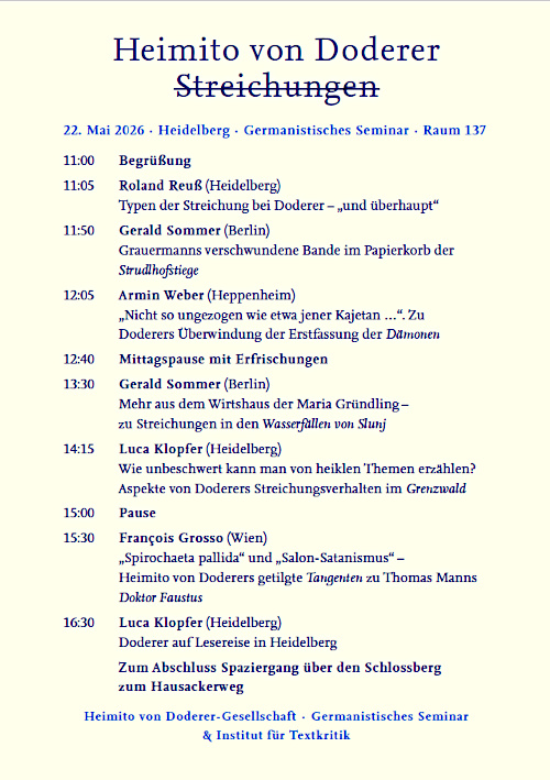 Programm: Heimito von Doderer, Streichungen, 22. Mai 2026, Heidelberg, Germanistisches Seminar